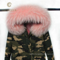 Women long winter military parka coat with reak fur collar